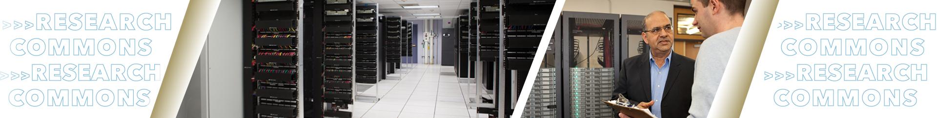 A room full of servers and two individuals standing in front of a wall with servers.