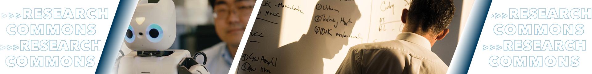 Researcher with robot and scholar standing in front of a whiteboard.